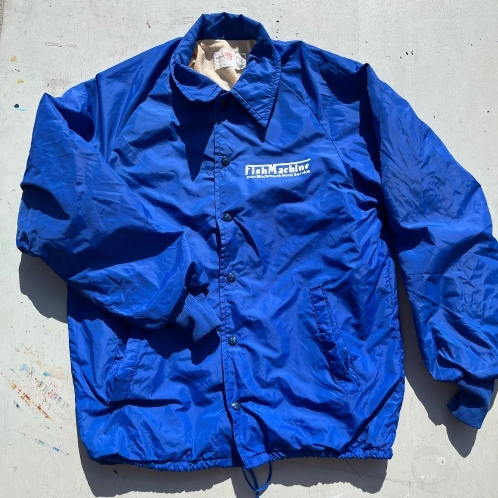 Men's Vintage Fish Machine Windbreaker Blue Logo M Nylon Button Lined USA 80s - Picture 7 of 15